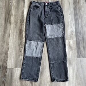 K Signature Patchwork High Waisted Straight Leg Jeans Washed Black sz 26